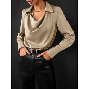 Commense Golden Cooper Cowl Neck Blouse‎ Long Sleeve Collared Shirt Size S